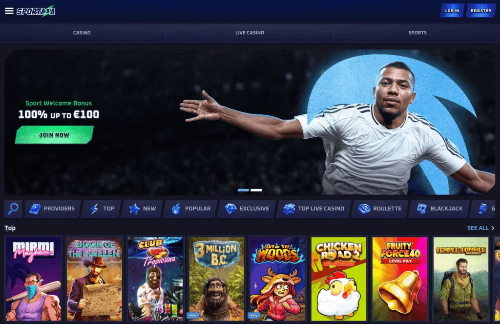 Sportaza homepage states official ownership and licence information and clear navigation to sports betting and casino sections.