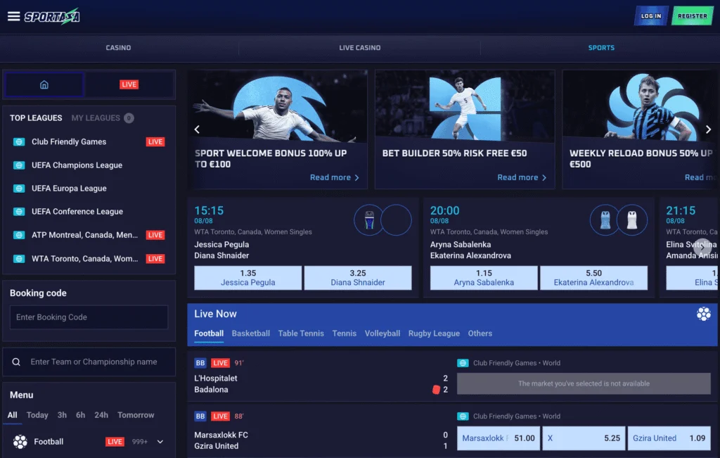 Sportaza sportsbook displays live betting odds and prematch selection over 30+ sports, including eSports and racing.