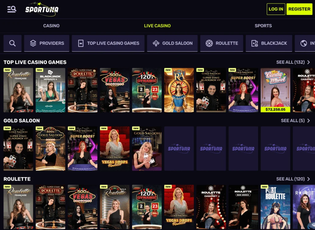 Sportuna live casino displays games like roulette and blackjack, but they are missing the top providers in the industry.