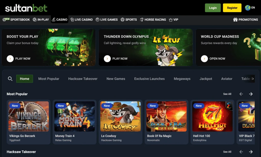 Sultanbet casino shows filters by game type, provider, and more, with a highlight of popular slot games.
