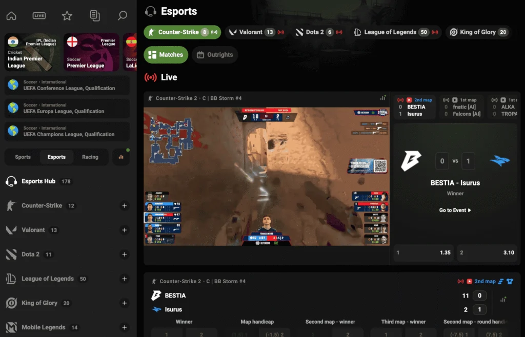 Sultanbet eSports section shows live stream integration and live betting markets.