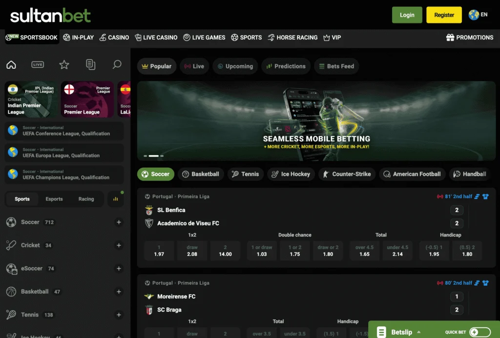 Sultanbet sportsbook shows clear navigation across over 40 different betting categories for pre-match and live events.