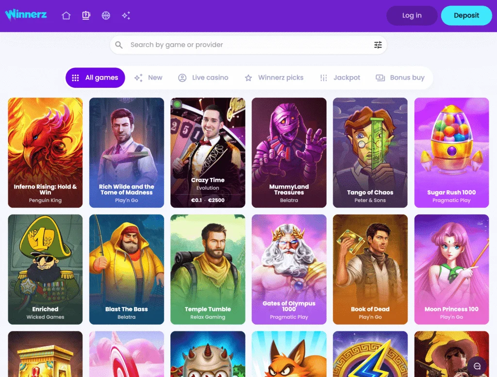 Winnerz casino section shows a modern, easy to scroll design with games from the top providers in the industry.