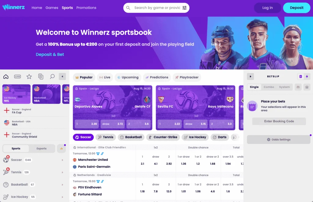 Winnerz sportsbook displays fixed odds across many sports alongside a new prediction markets product.