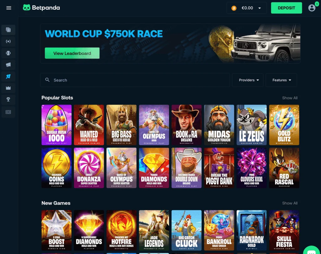 Betpanda casino shows a modern design with filters by game type, provider, and ability to favourite games.