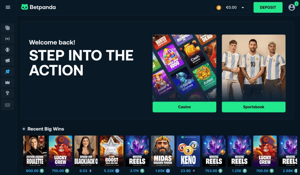 Betpanda homepage shows transparent direction to their two main products: casino and sportsbook.