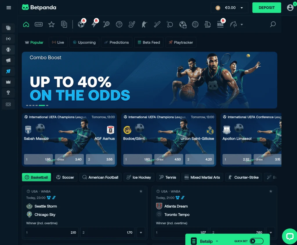 Betpanda sportsbook shows odds and markets for live events alongside prematch bets and a full prediction markets section.