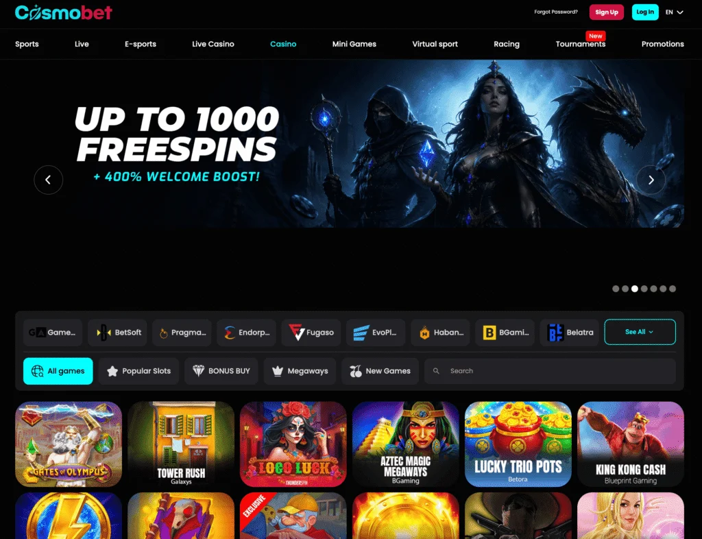 Cosmobet casino covers slot games from 75+ providers alongside live casino and crash games.