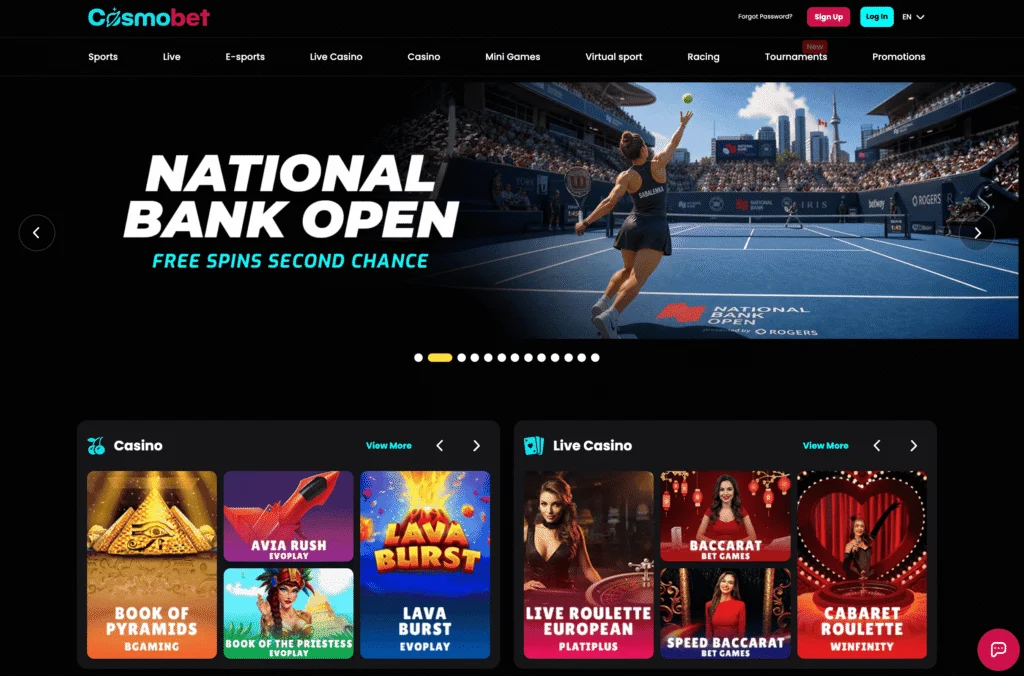 Cosmobet's homepage shows navigation across a number of gaming categories including casino, live casino, e-sports, sportsbook, mini games, and more.