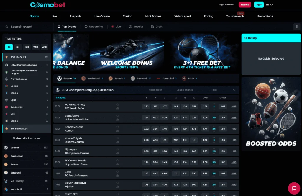 Cosmobet sportsbook displays a huge range of football matches along with 20+ other sports spanning racing and e-sports.