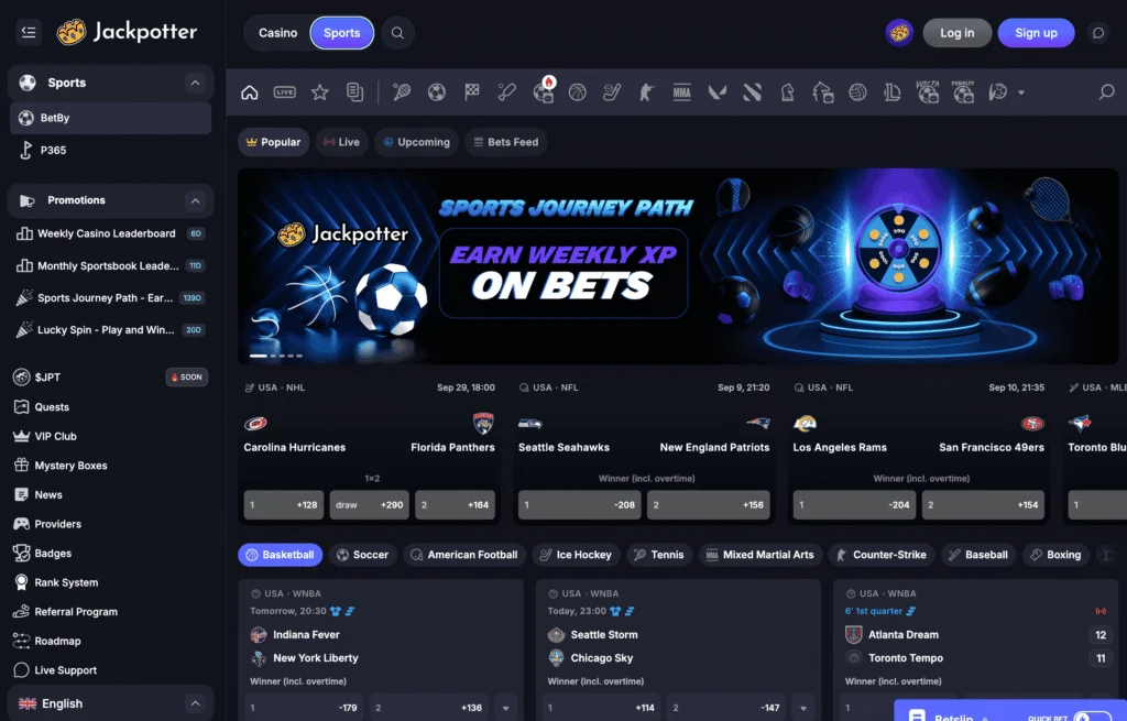 Jackpotter's BETBY sportsbook shows the usual BETBY style with clean navigation on pre-match and live betting markets with a full betbuilder.