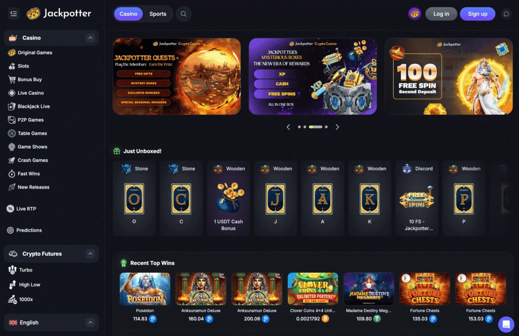 Jackpotter homepage shows a modern crypto casino layout with navigation across their core products: sportsbook, casino, and prediction markets.