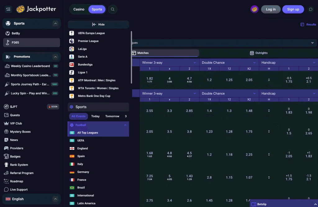 Jackpotters p365 sportsbook shows pre-game and live betting markets across major sports such as football and tennis.