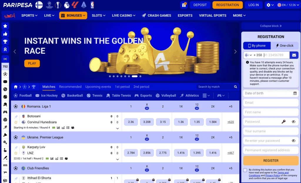 Paripesa homepage allows users to navigate between sportsbook, casino, live casino, and crash games verticals.