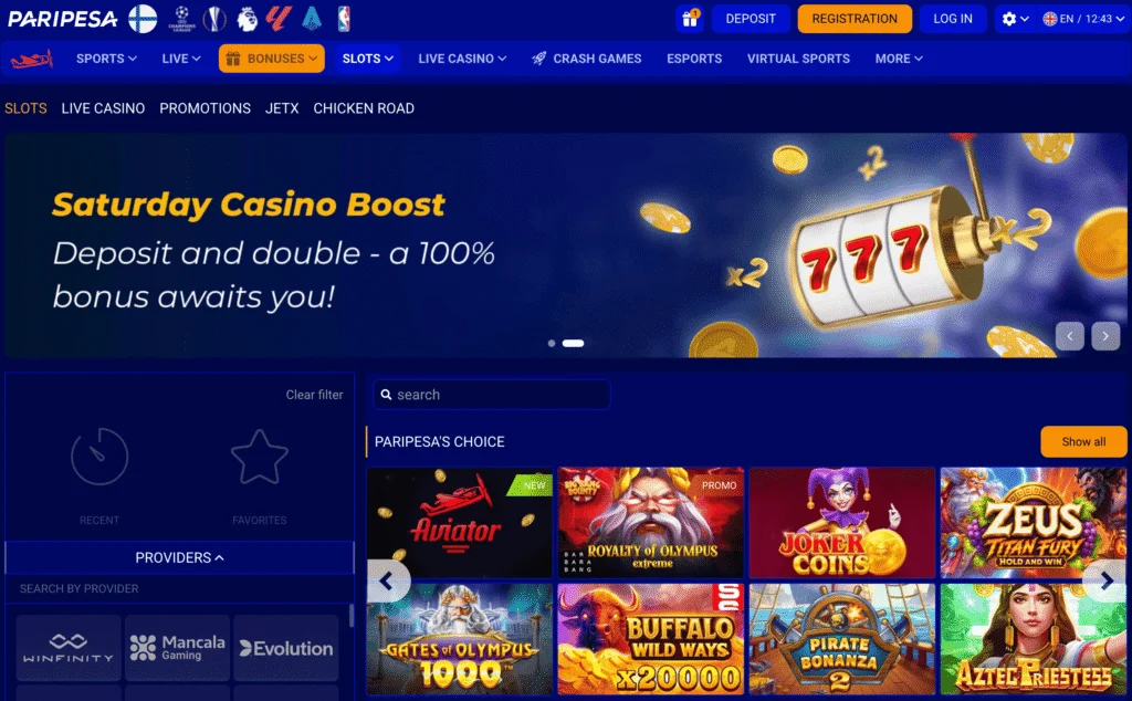 Paripesa slots displays recommended games along with the ability to filter by game type or slot provider.