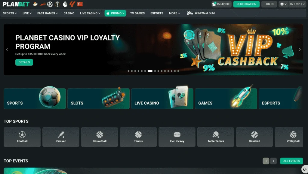 Planbet homepage shows banners for VIP programs and navigation to several betting sections including sportsbook and live casino.