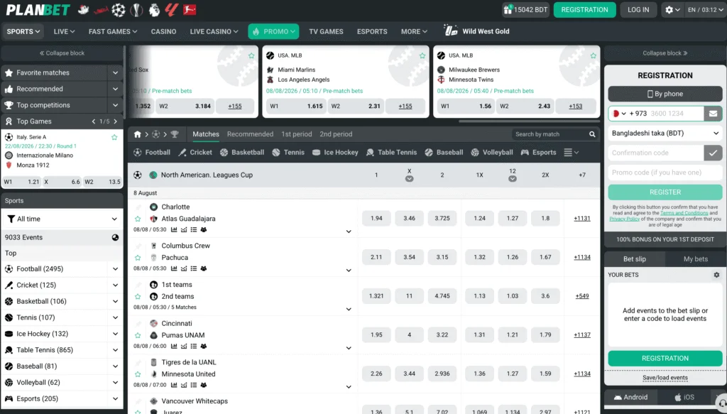 Planbet sportsbook shows a busy but functional design, with live odds updates across tradition sports, eSports, and virtual events.
