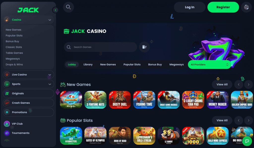 Jack.com casino sets them apart from 99% of modern crypto casinos. You'll find over 10 exclusive games, live casino powered by 10+ providers including pragmatic live, and slots from industry giants. Expect rakeback rewards, casino competitions, and a detailed VIP rewards program.