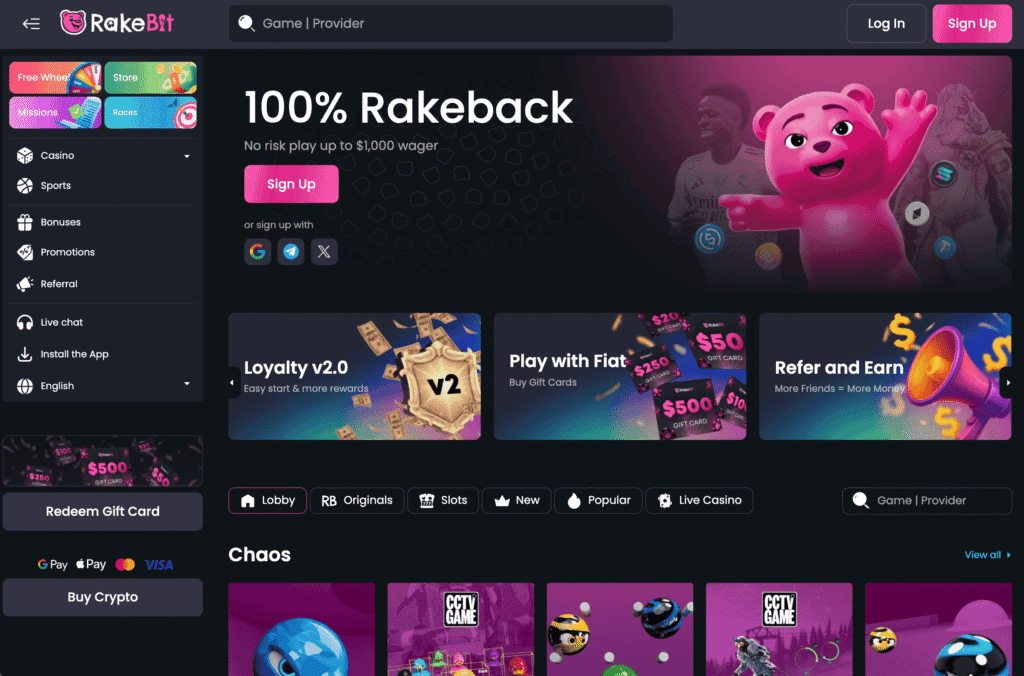 Rakebit delivers what you want from a modern crypto casino: original games, slots and exclusive live tables from the top software suppliers, along with a full crypto sports betting product covering over 50 sports including horse racing, greyhounds, and trotting.