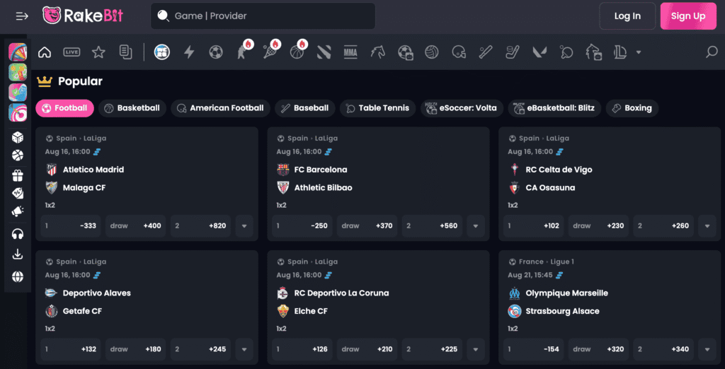Rakebit sportsbook covers 50 sports with the deepest offering for football and north american leagues NBA, NHL, and NFL. Promotions rotate regularly covering events like the World Cup, IPL, AFL, and more. Find a proper bet builder with handicaps and well-priced odds.